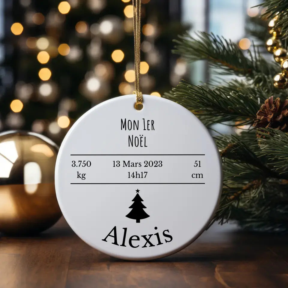 Boule de Noël Personnalisable - Premier Noël Bébé avec mensurations et date de naissance