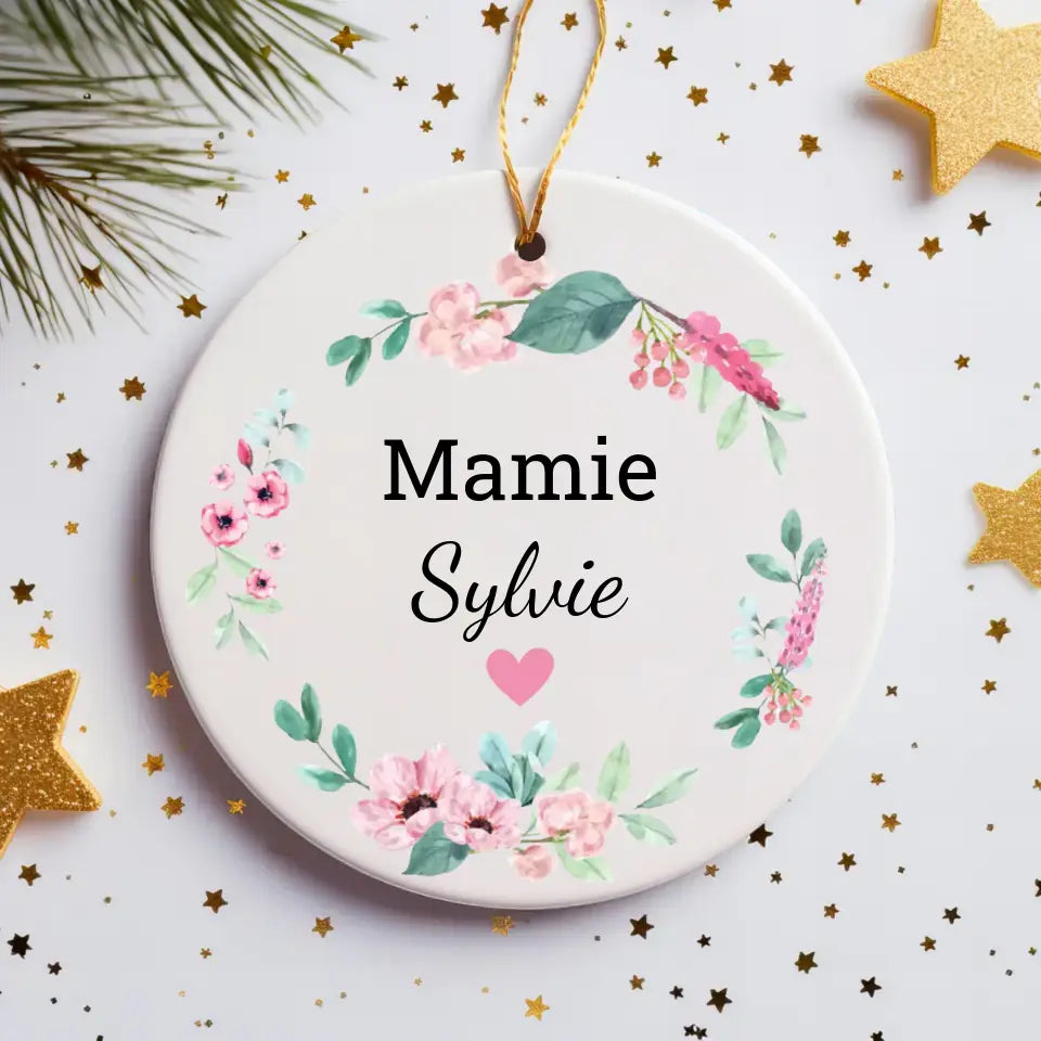 Boule de Noël Personnalisable - Guirlande Fleurs et petit coeur