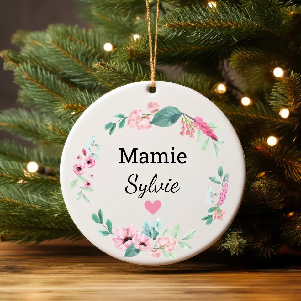 Boule de Noël Personnalisable - Guirlande Fleurs et petit coeur