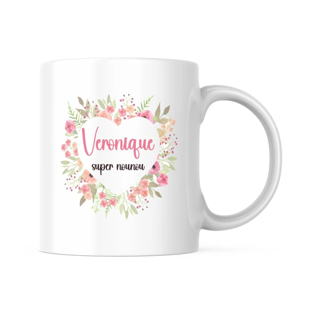 Mug couronne fleurs en forme de coeur personnalisable - Professeure Atsem Nounou - Woolly Panda